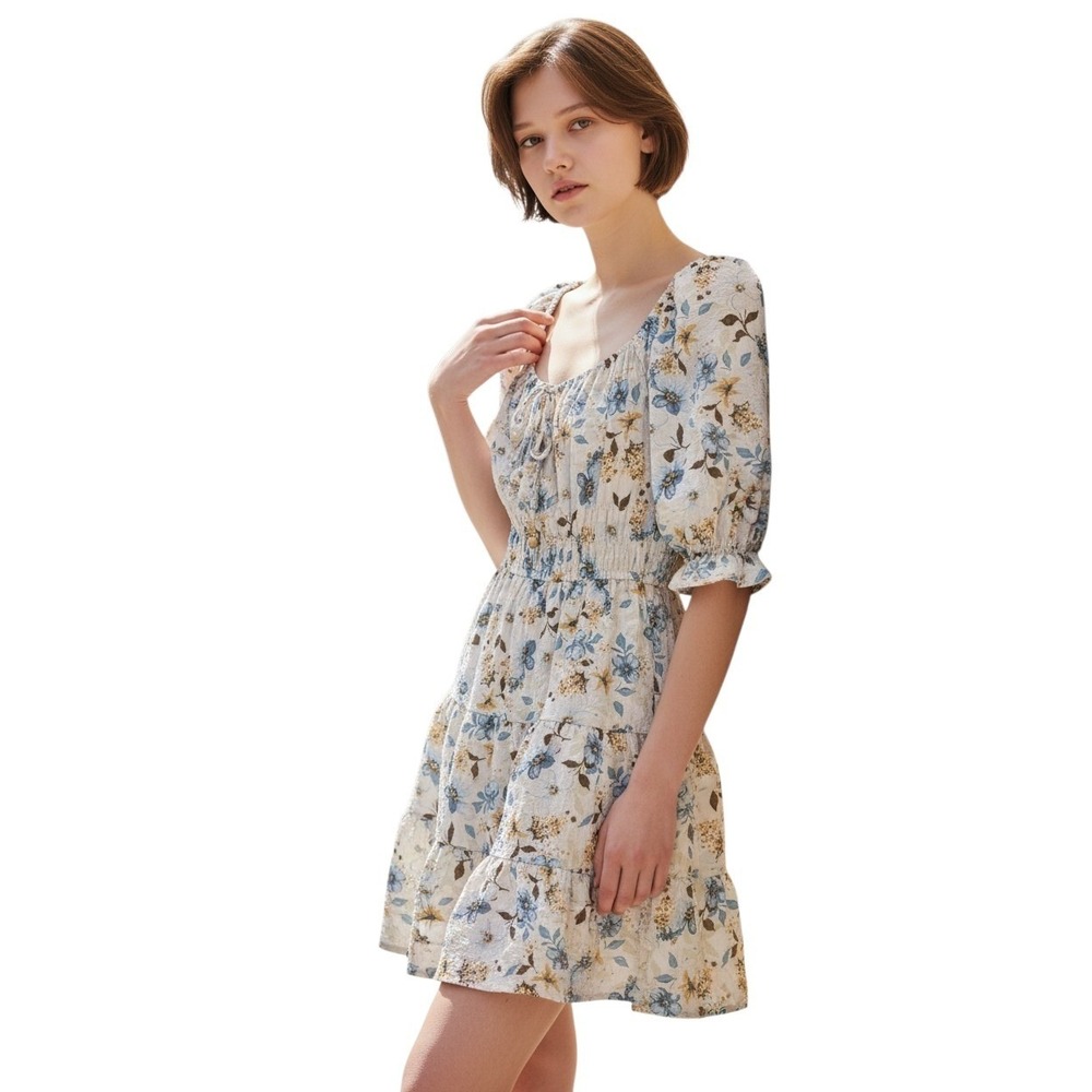 Liberty Love Floral Mini Dress‎ Blue Yellow Smocked Waist Puff Sleeve Large